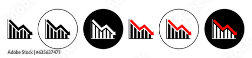 Loss Bar Chart vector Icon set. decline or reduce company profit graph symbol. Down stock market icon. decrease in yearly sales sign in black and red color. downward demand trend symbol.