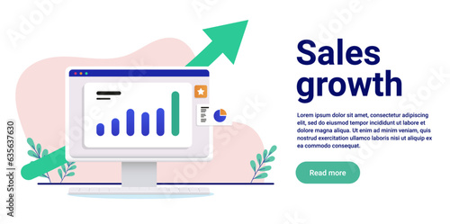 Sales growth banner - Vector illustration of computer with rising chart and green arrow pointing upwards to success. Flat design with white background and copy space for text