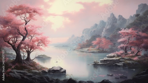 misty morning on the lake, pink world. Generative AI