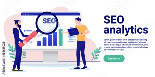 SEO analytics banner illustration - Two people working on search engine optimisation research on computer with magnifying glass. Flat design with white background and copy space for text