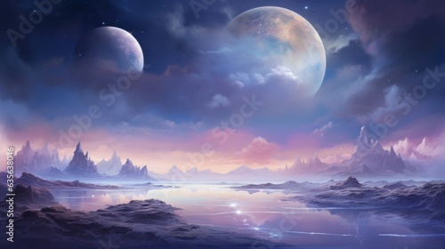 night sky and moon, with alien planet, space scenery. Generative AI