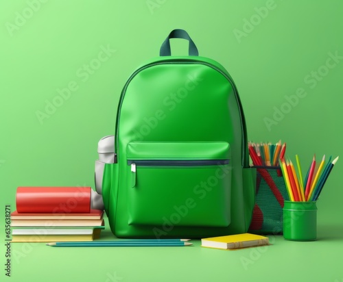 School accessories with school bag on green background with copy space. Ready for school concept. 3D Rendering