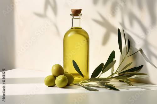 Fotótapéta Commercial photography, glass bottle of olive oil with olive branch isolated on flat color wall background with copy space
