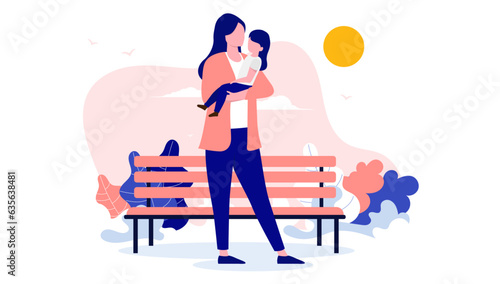 Mother and daughter vector - Illustration of parent holding child in arms outdoors in park. Flat design vector illustration graphic with white background