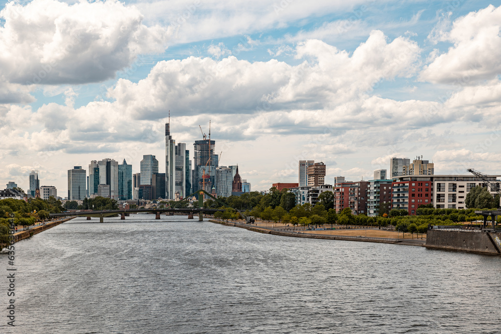 Skyline Frankfurt am Main, Germany, July 12, 2023. - Financial district Frankfurt, skyline and the river Main in the summer.