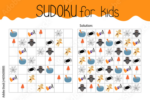 Sudoku educational game or leisure activity worksheet vector illustration, printable grid to fill in missing images, Halloween topical vocabulary, puzzle with its solution, teachers resources