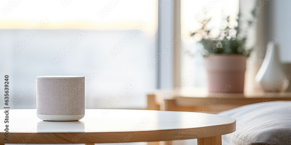 Minimalistic bluetooth speaker on a table in a living room, against a minimalist and light interior. Picture for catalog. - obrazy, fototapety, plakaty 