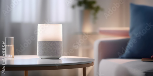 Minimalistic bluetooth speaker on a table in a living room  against a minimalist and light interior. Picture for catalog.