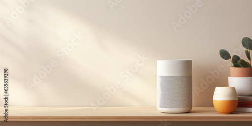 Minimalistic bluetooth speaker on a table in a living room, against a minimalist and light interior. Picture for catalog. photo