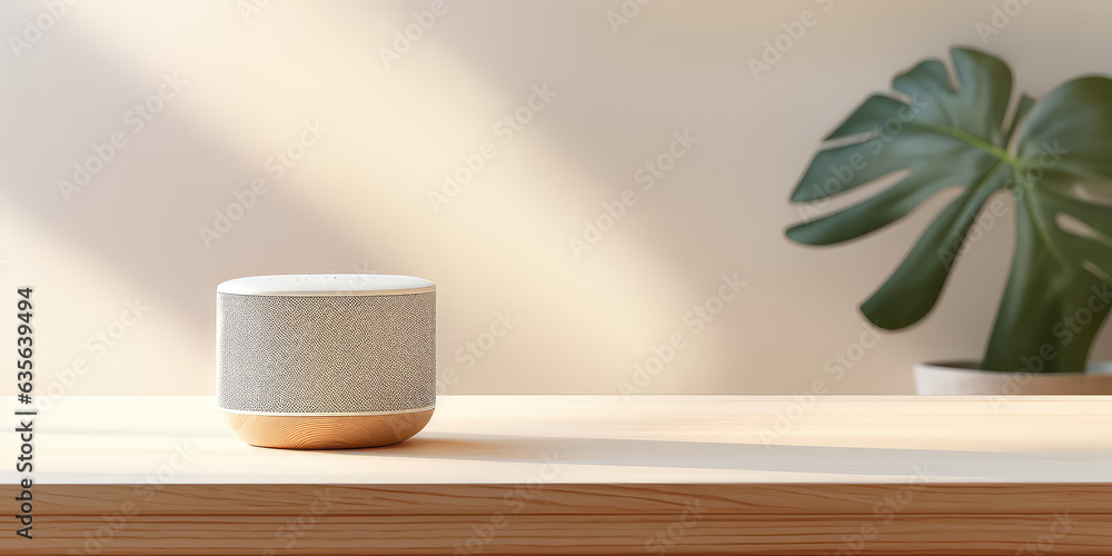 Minimalistic bluetooth speaker on a table in a living room, against a minimalist and light interior. Picture for catalog. Minimalistic bluetooth speaker on a table in a living room, against a minimalist and light interior. Picture for catalog.