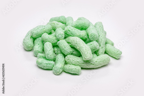 polyestro styrofoam flakes, biodegradable peanuts for packaging . isolated white background