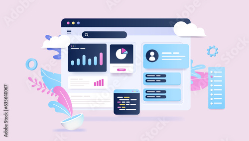 Statistics and data website - Abstract vector illustration of browser window with financial graphs, charts and diagrams. Decorative semi flat design