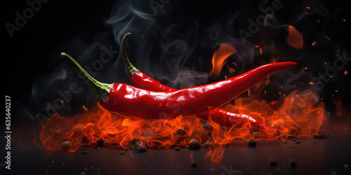 Red hot chilli pepper in fire on dark black background. Creative wallpaper with burning red pepper. 