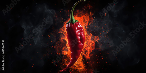 Red hot chilli pepper in fire on dark black background. Creative wallpaper with burning red pepper. 