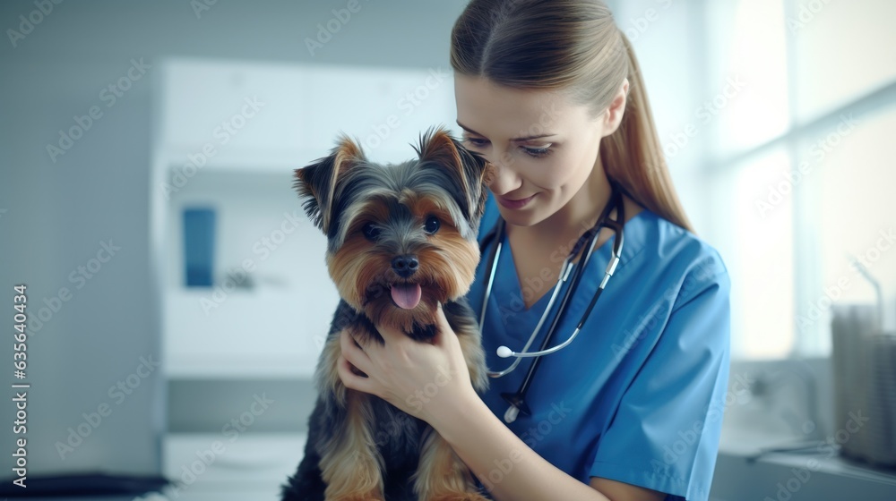 A veterinarian in a clinic looking at a dog A veterinarian in a clinic looking at a dog