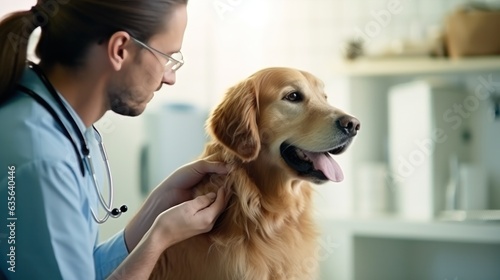A veterinarian in a clinic looking at a dog
