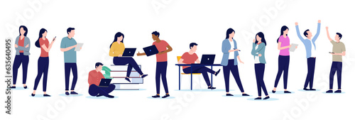 Vector office people working collection - Set of various businesspeople with computers and devices standing and doing work. Flat design vector illustration with white background