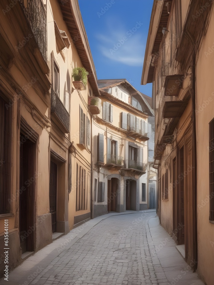 Obraz premium a narrow street in an old european city, beautiful late afternoon, centered shot, generative ai