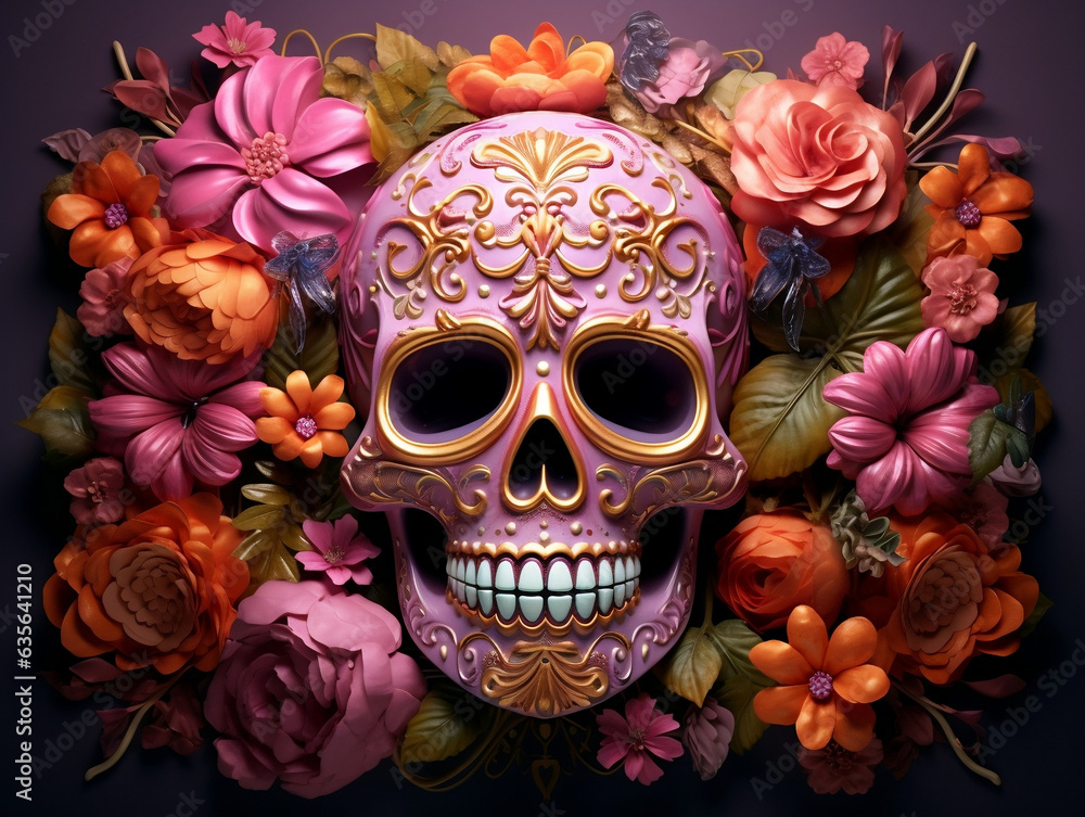 Skull with pink flowers. Dia de los muertos. Day of the dead. Tradition. Mexico. Sugar skull. Generative AI Skull with pink flowers. Dia de los muertos. Day of the dead. Tradition. Mexico. Sugar skull. Generative AI
