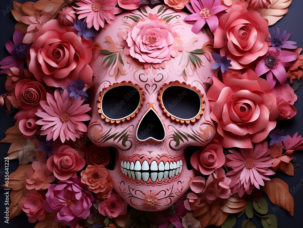 Skull with flowers. Dia de los muertos. Day of the dead. Tradition. Mexico. Sugar skull. Generative AI