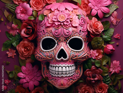 Skull with pink roses. Dia de los muertos. Day of the dead. Tradition. Mexico. Sugar skull. Generative AI © Abee