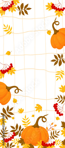 Autumnal vertical banner pumpkin, rowan and fall leaves