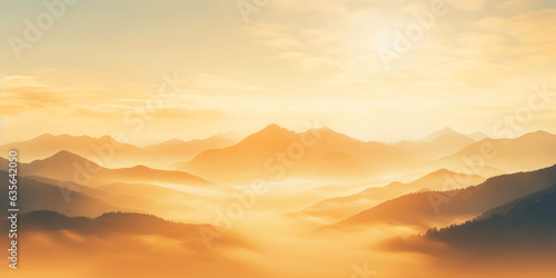Natural fog and mountains sunlight background blurring, misty waves warm colors and bright sun light. Generative AI © piai