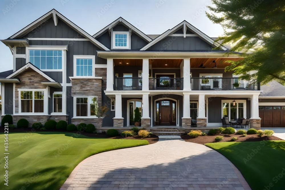 A black and white luxury home with a two car garage and black door, professional landscaping, and a lake in the background at sunset A black and white luxury home with a two car garage and black door, professional landscaping, and a lake in the background at sunset