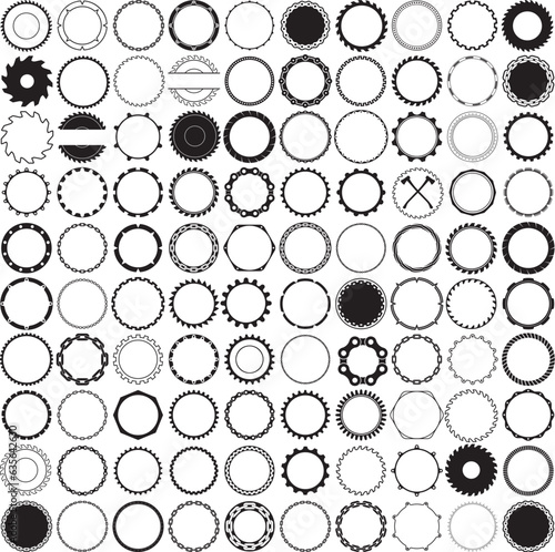 100 Industrial Borders for badge, logo or vintage label designs. One hundred round circular Industrial frames.