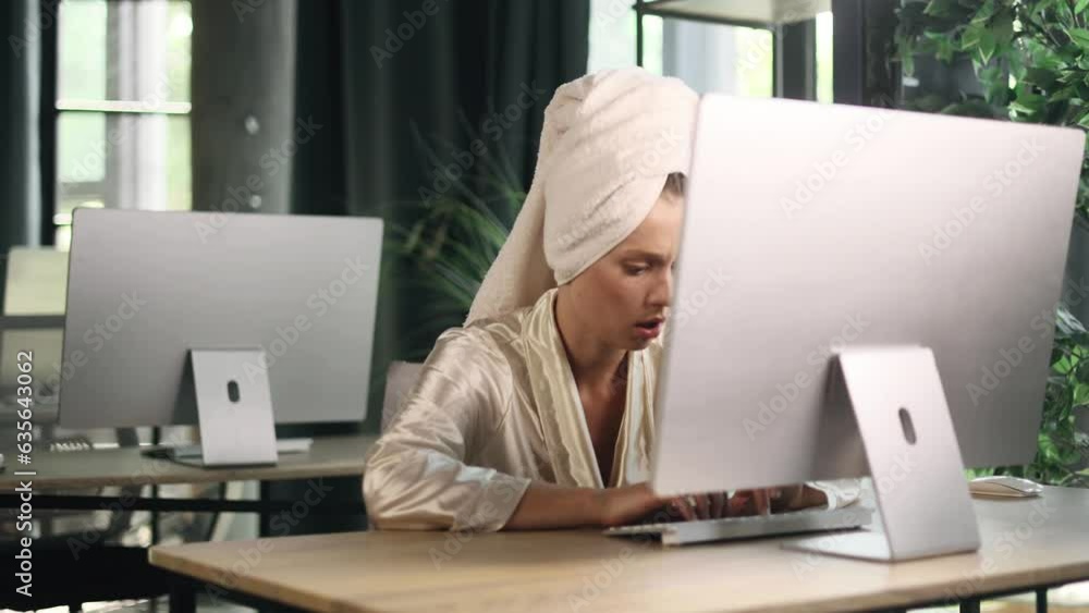 Funny shot of nervous stressed businesswoman with towel in bathrobe rushed to work in the morning
typing quickly on computer asking to hurry up scream and warning about deadline at office workplace Funny shot of nervous stressed businesswoman with towel in bathrobe rushed to work in the morning
typing quickly on computer asking to hurry up scream and warning about deadline at office workplace