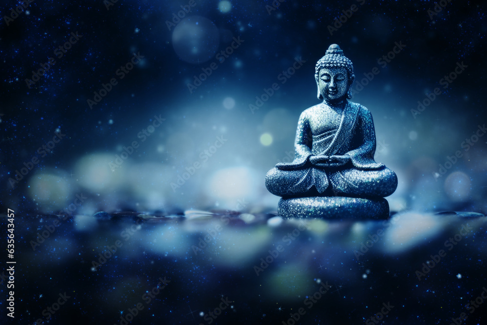 Buddha Statue on Starry Night Blue Blurred Background