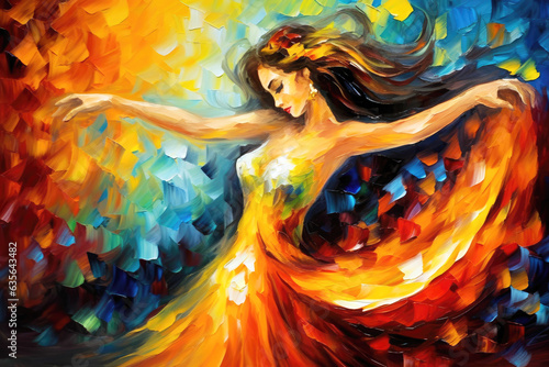 Dancing Woman Oil Painting. Canvas Texture, Brush Strokes.
