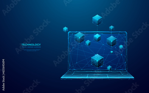 Abstract digital isometric blockchain on opened laptop. Linked blocks on a computer screen. Technology or metaverse concept. 3D vector illustration on blue background in futuristic low poly wireframe.