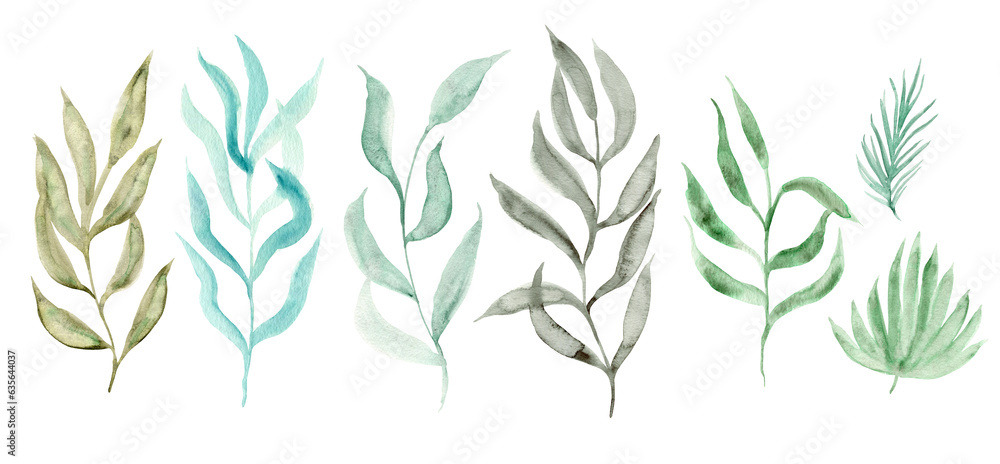 Set of delicate watercolor green, blue and gray leaves and branches. Watercolour botanical elements for textile design, patterns, poster, wedding decor Set of delicate watercolor green, blue and gray leaves and branches. Watercolour botanical elements for textile design, patterns, poster, wedding decor