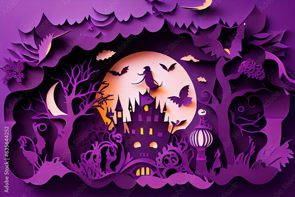 Halloween scene made of purple paper