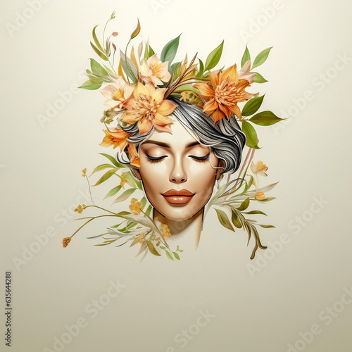Vector logo inspired by nature, beauty and personal care, depicting a woman's face surrounded by flowers and leaves