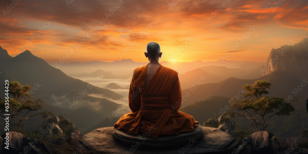 Buddhist monk in meditation at beautiful sunset or sunrise background on high mountain. Generative AI - obrazy, fototapety, plakaty 