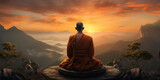 Buddhist monk in meditation at beautiful sunset or sunrise background on high mountain. Generative AI