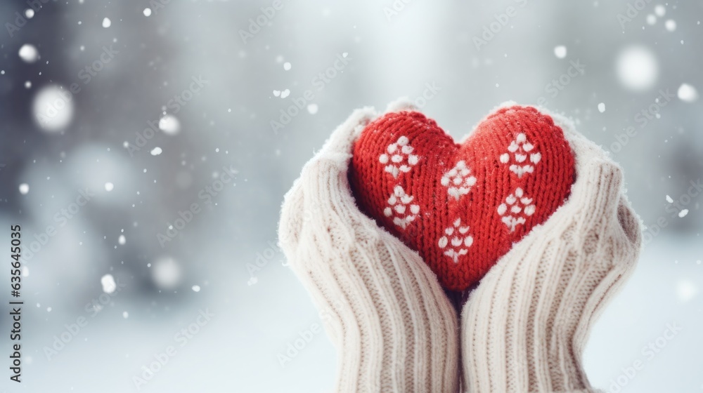 Female hands in knitted mittens with snowy heart against snow background