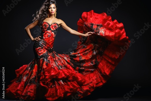 An attractive flamenco dancer in an elaborate dress.
