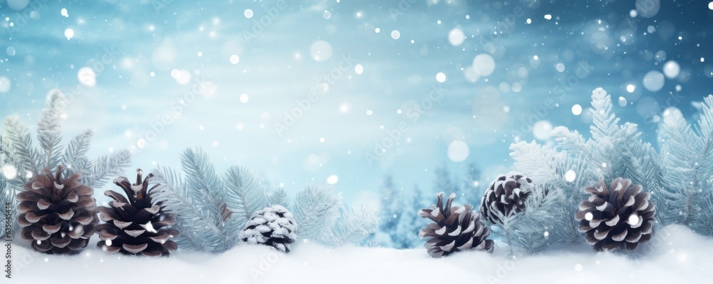 A white winter background with snow and pine cones A white winter background with snow and pine cones
