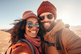 Happy couple embarks on a sunrise hike, reaching a mountaintop and reveling in the breathtaking view. Perfect for outdoor adventure, exploration, and romantic escapade-themed visuals.