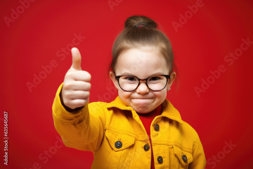 Confident little girl, wearing eyeglasses and a yellow jacket, flashes a thumbs up against a vibrant red background. Perfect for positivity, encouragement, and youthful enthusiasm-themed visuals.