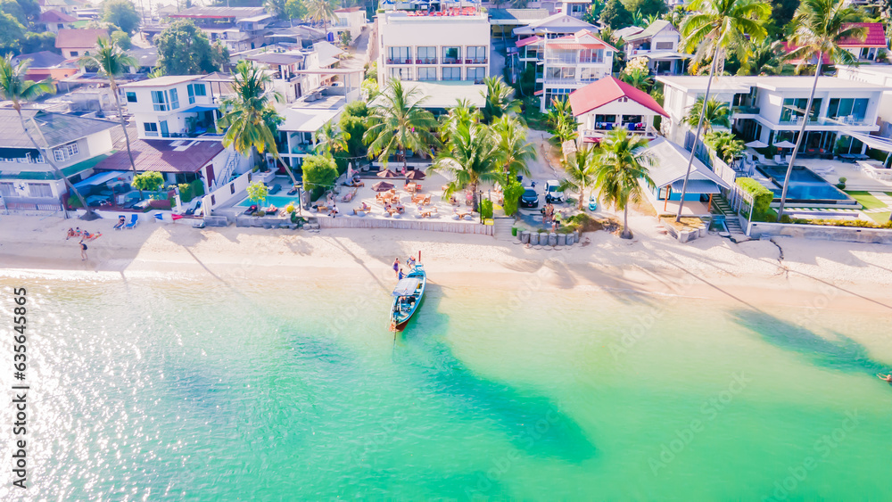 Aerial view of the beach. Comfortable for the eyes. Beautiful coastal sea and open sea in summer, nature recovers environment and tourism background, at Ao Yon Phuket Thailand.