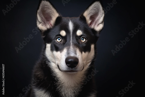 A dog looking at camera with black background