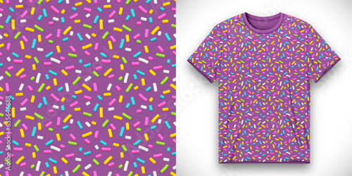 Funny cute fabric textile design for t-shirt with seamless pattern of purple donut glaze with many decorative colorful sprinkles. Front t-shirt mockup template design for sweet shop. Flat style vector
