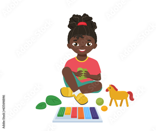 School kid playing with clay. Primary school pupil, modeling clay vector illustration