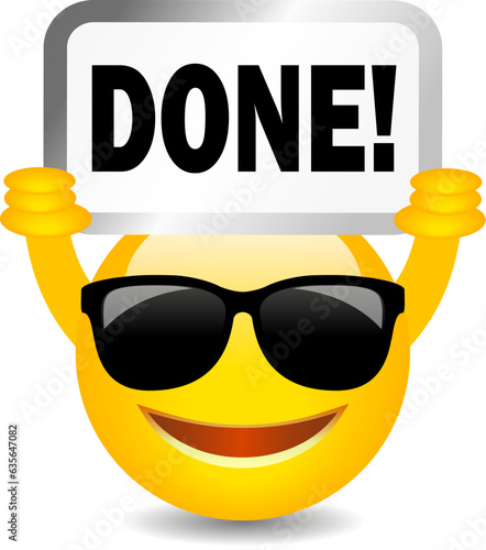 Happy cool emoji with Done sign