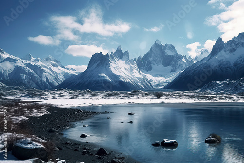 Snowy Nordic Serenity  Majestic Fiord Coastline Framed by Snow-Capped Mountains  ai generative