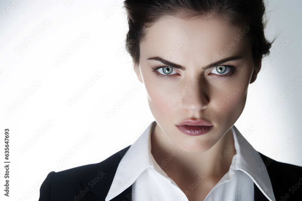 angry looking business woman with impressive eyes on white background angry looking business woman with impressive eyes on white background